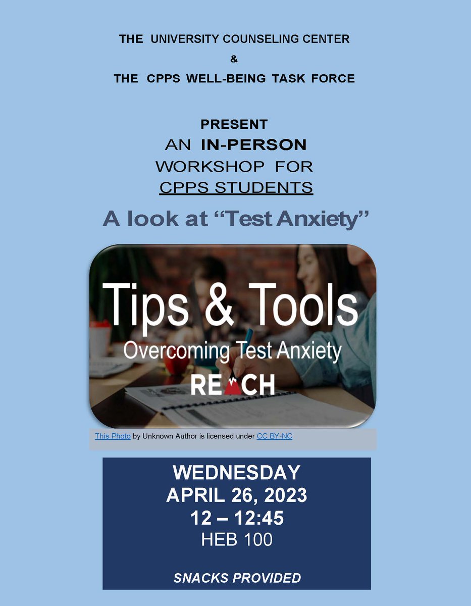 Please join us for an in person workshop on April 26th! Tips and tools for overcoming test anxiety held in HEB 1000.