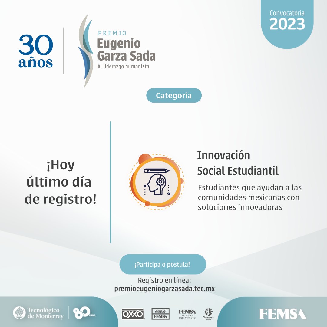 FEMSA's tweet photo. ¡Último día! Si tienes un proyecto que busca elevar el nivel de vida de comunidades mexicanas y eres alumno o exalumno del Tecnológico de Monterrey o Tecmilenio participa en la categoría #InnovaciónSocialEstudiantil del @PremioEGS

Consulta las bases https://t.co/oraKJOm135 https://t.co/XP1pWzEMCw
