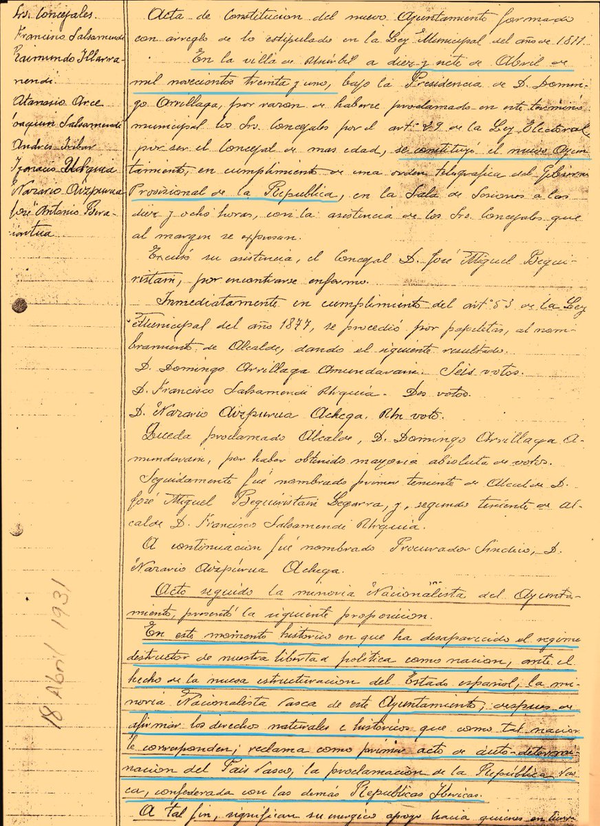 MertxeAizpurua's tweet photo. 🔺Hace 92 años, acta municipal de mi pueblo:
“En este momento histórico (….) reclamamos, como primer acto de autodeterminación del País Vasco, la proclamación de la República Vasca, confederada con las demás Repúblicas Ibéricas”. 
Usurbil 17 abril 1931. 
✊🏽Salud y Repúblicas! https://t.co/V8Psb0o5p3