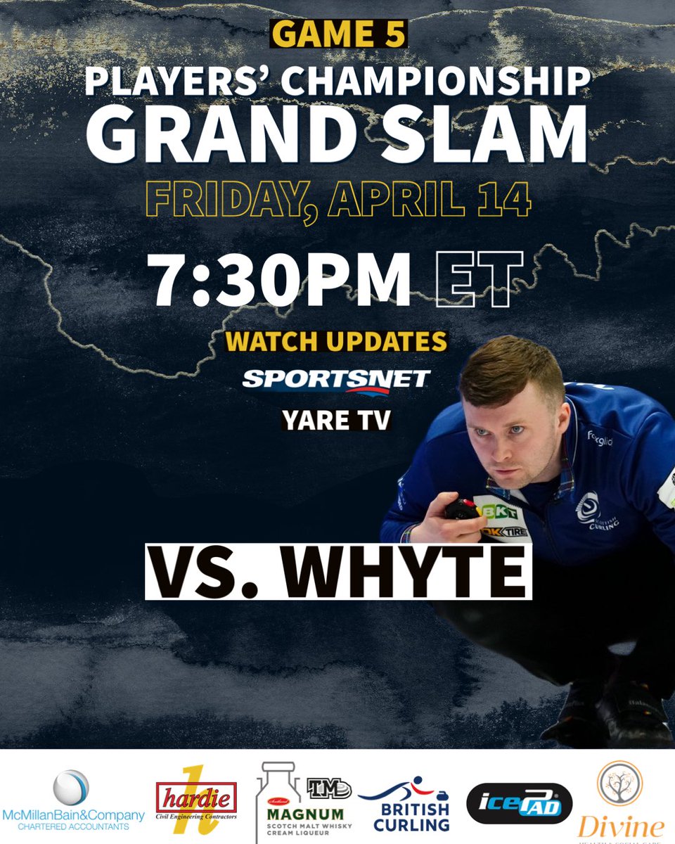 GAME 5️⃣ 
Players’ Championship <a href="/grandslamcurl/">Grand Slam of Curling</a> 

🆚 WHYTE

📍 Toronto 🇨🇦 
📆 Friday, April 14
🕖 7:30PM ET 🇨🇦 

📺 WATCH UPDATES
🇨🇦 <a href="/Sportsnet/">Sportsnet</a> 
🌍 <a href="/yaresports/">YAREtv</a>

LINESCORES ⬇️
thegrandslamofcurling.com/scores