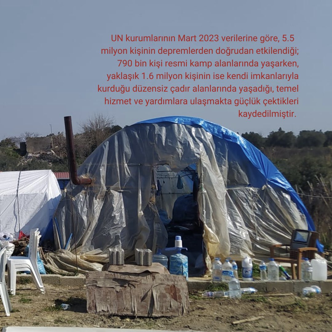 ErisimDestek's tweet photo. According to the March 2023 data of UN, 5.5 million people were directly affected by earthquakes. While 790 thousand people live in official camps, it has been recorded that approximately 1.6 million people live in tent areas that they set up with their own means + https://t.co/dJlkrVrYoi