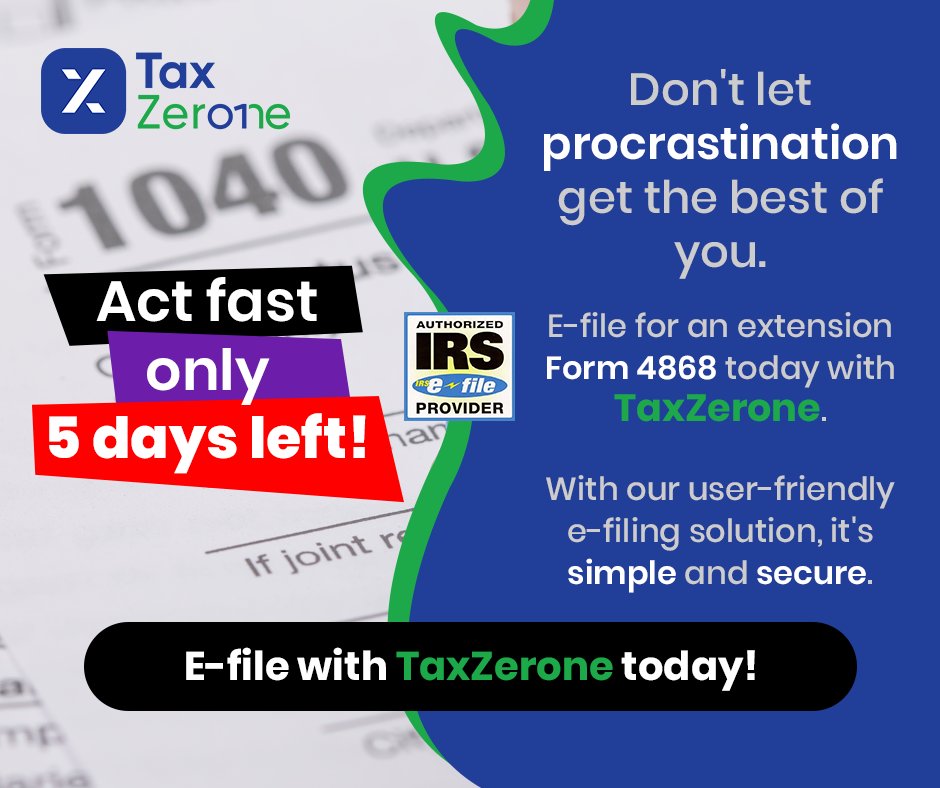 TaxZeroneUS's tweet photo. Only 5 days left to e-file your Form 1040. E-file for an extension Form 4868 today with TaxZerone and get 6 months time to file your taxes.
https://t.co/rQqsZb89KO
#TaxZerone #Form4868 #PersonalTaxExtension #FileExtension #Form1040Extension #Last5Days #Form7004 #Form1120 https://t.co/zXjwxwLeAT