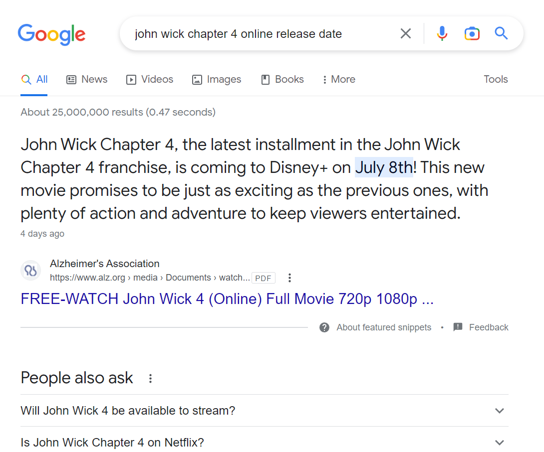 Chris_T_SEO's tweet photo. Was just checking out what date the new John Wick film gets released online, a pretty random PDF file from @alzassociation was ranking at the top of Google https://t.co/uTZtVM5uDO