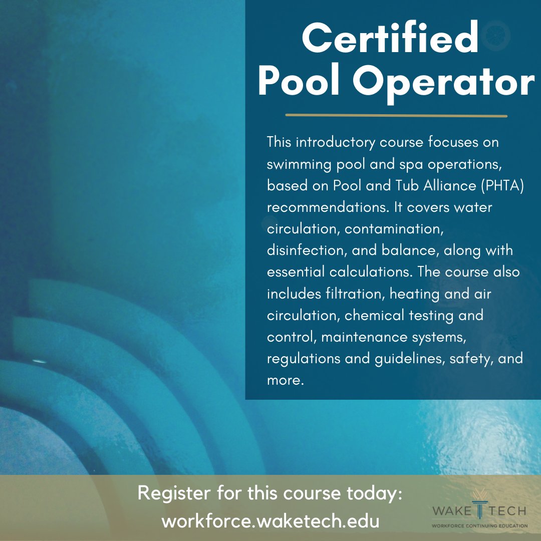 WakeTechWCE's tweet image. Certified pool operators play a key role in the hospitality industry and can work in a variety of settings. Check out our Certified Pool Operator course beginning on April 28 to learn the skills you'll need for this exciting career! bit.ly/3fBG2aw #WakeTech #PoolOperator