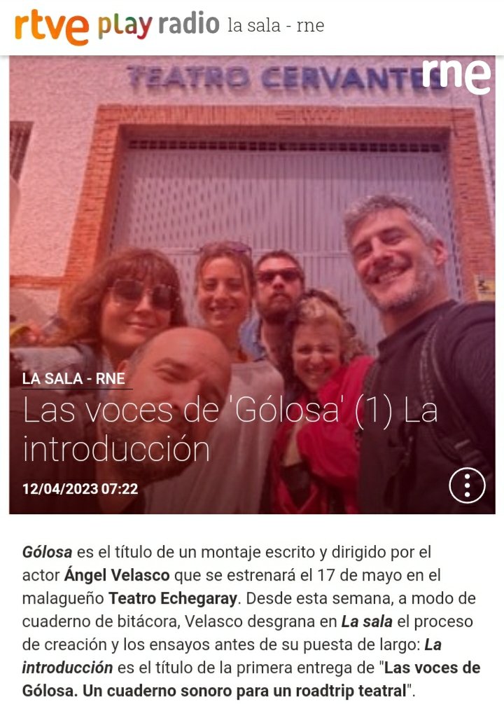 "Gólosa", escrito y dirigido por el actor Ángel Velasco, se estrenará el 17 de mayo en el Teatro Echegaray de Málaga. 

'La introducción' es el título de la primera entrega de "Las voces de Gólosa. Un cuaderno sonoro para un roadtrip teatral".

🎧rtve.es/play/audios/la…

#RNE