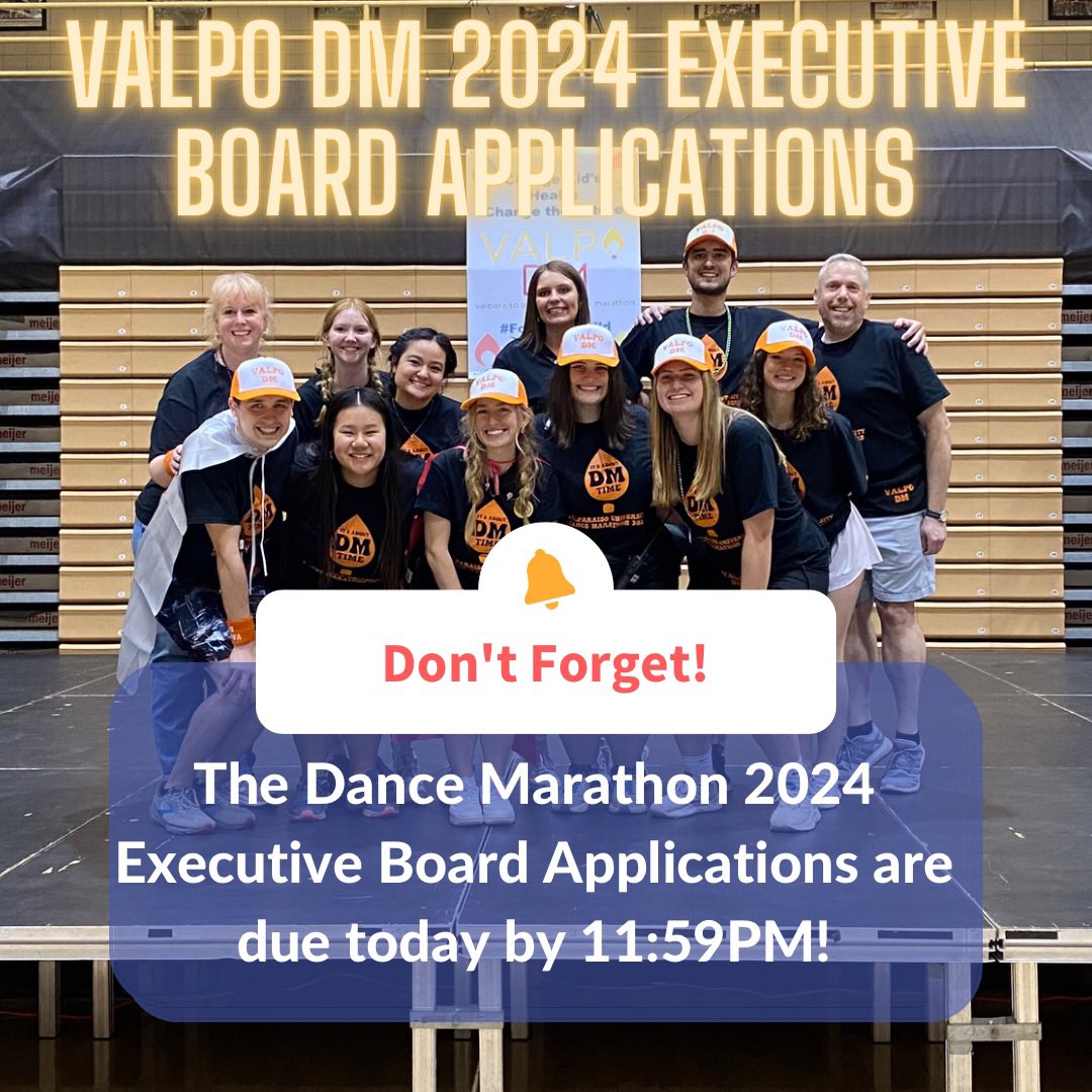 Don’t forget the 2024 Dance Marathon Executive Board applications are due tonight at 11:59PM!

We are so excited to see all of your applications and the new Executive Board will be revealed Monday Night!⭐️