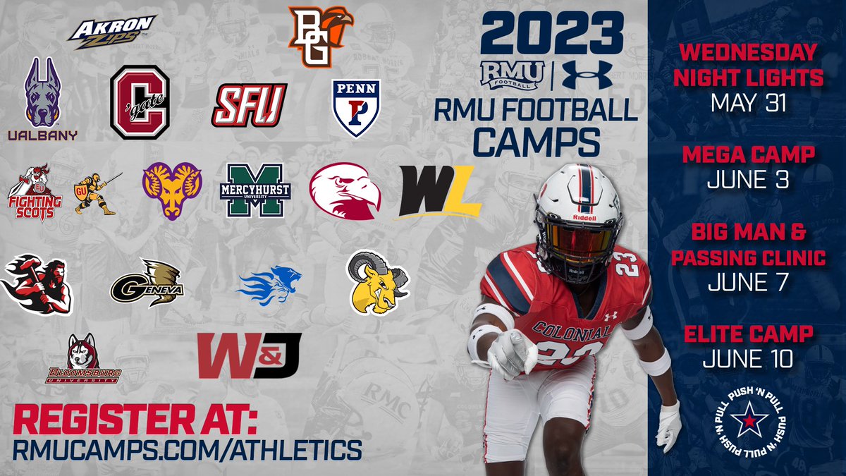 Opportunities to EARN it!!!! and prove to coaches at all levels you are the difference, More schools will be added to the list soon🧐 Click the link below today to sign up! 

✍️rb.gy/aydlid

#RMUFB | #RMUCamps | #PushNPull