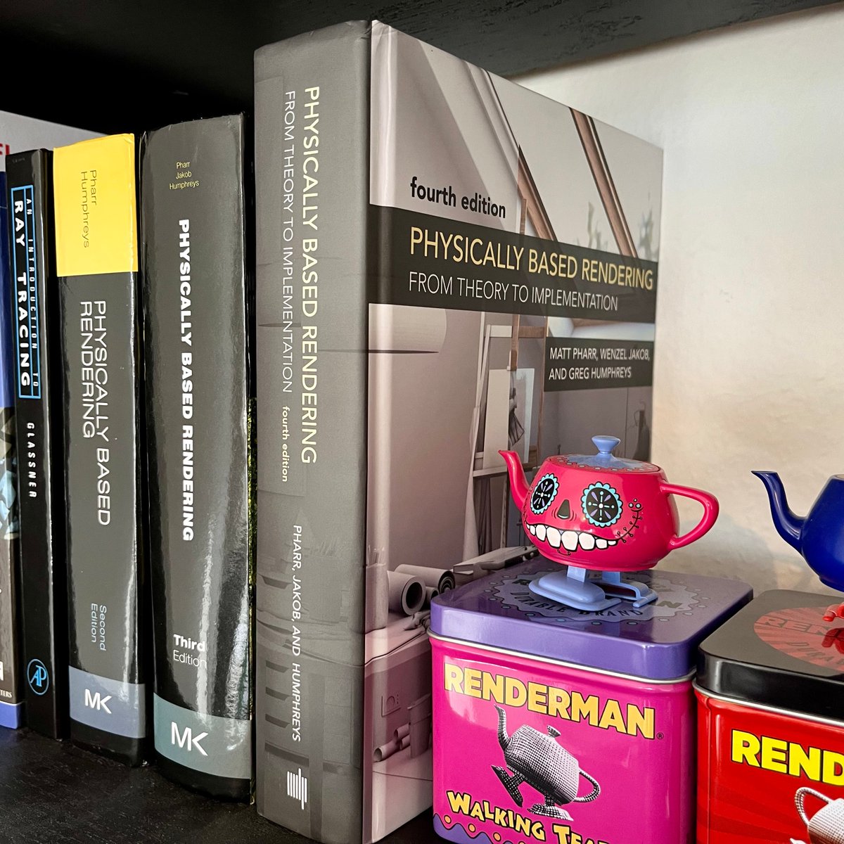 After some shipping delay I also just got my hands on the new 4th edition of PBRT! It again includes some excellent additions so I'm looking forward to going through it once more.
Here's the mandatory picture on the (now rearranged) graphics shelf 🫖 📚 🙂