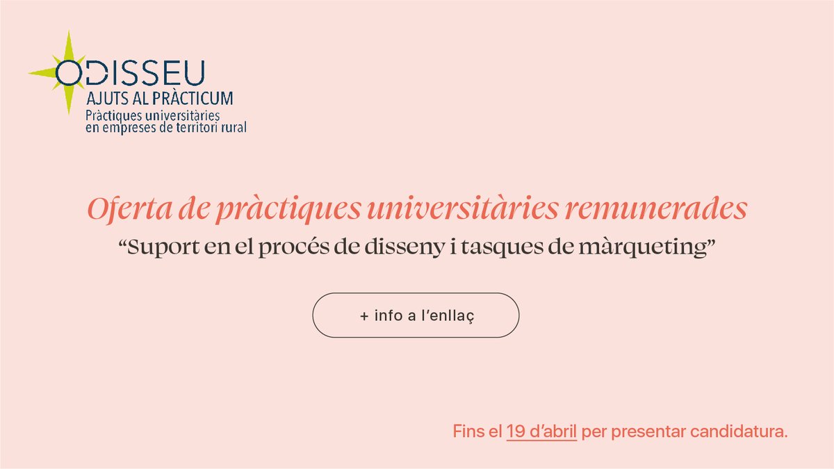 mapiba's tweet photo. Si t'interessa fer pràctiques aquest estiu, estic buscant algú que em doni suport en el procés de disseny i tasques de màrqueting: https://t.co/gGJqr9GQ7b

Ofereixo aquesta plaça gràcies a l'ajut #PràcticumOdisseu que fomenta el retorn de joves a empreses en municipis rurals. https://t.co/YtUENuvEy2