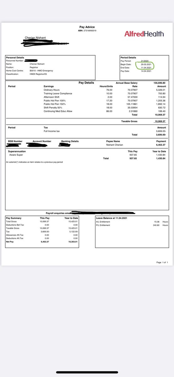 So here’s a payslip from when I worked in 🇦🇺 recently as a registrar (full-time, public). Note this was my FORTNIGHTLY pay. This govt has no idea what good value for money we are in the NHS. This is what our skills are worth elsewhere #PayRestorationNow #JuniorDoctorsStrike