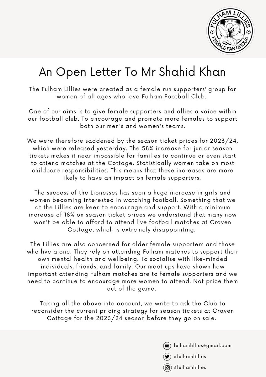 We were saddened to receive messages from female supporters who, due to the above inflation season ticket price increases, feel they can no longer afford to watch Fulham play at Craven Cottage. We have written to Mr Khan to urge him to reconsider. <a href="/FulhamSuppTrust/">Fulham Supporters’ Trust</a> <a href="/FulhamishPod/">Fulhamish</a>