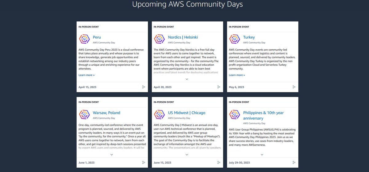Exciting to see so many #AWSCommunity Day events all around the world, being organized by <a href="/AWSUserGroups/">AWS User Groups</a> leaders, AWS Community Builders, and AWS Heroes! 🔥  

Find an event near you, get connected, and learn from your local AWS community⬇️
aws.amazon.com/events/communi…