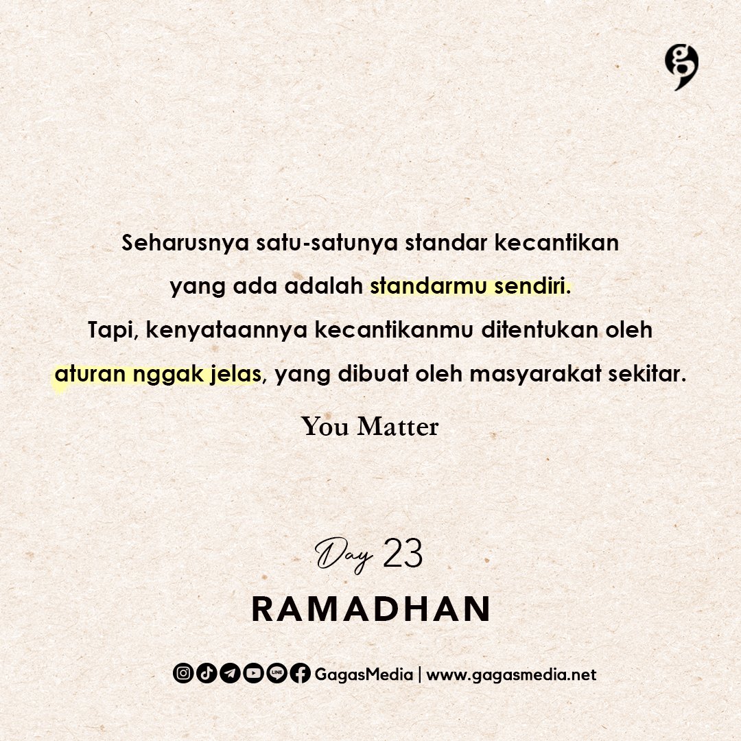GagasMedia's tweet photo. Semangaaat! Pelan-pelan ya buat standar kecantikan versi dirimu sendiri, karena nggak akan ada habisnya jika kamu selalu mengikuti standar orang lain. 🥺

#onedayonequote https://t.co/2NsW9Y1Zn1