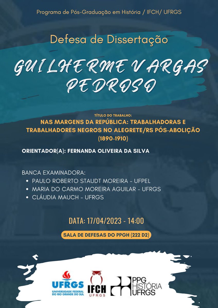 GepaUfsm's tweet photo. Dia 17/4, o gepiano @pedrosogv defende o trab. Nas margens da República: trabalhadoras e trabalhadores negros no Alegrete/RS pós-Abolição (1890-1910), orientado por Fernanda O. da Silva, terá na banca Paulo Moreira (UFPEL); Maria do Carmo Aguilar (UFRGS) e Cláudia Mauch (UFRGS). https://t.co/Erpa9Oqa9L