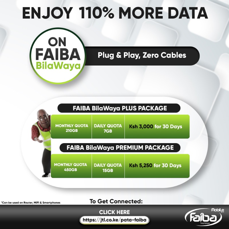 FaibaMobile's tweet photo. Deals 🔥🔥🔥 Na Faiba Mobile!

Enjoy 110% more Data on Faiba Bilawaya Today! No installation Simply Plug and Play!

To get Connected go to browser and key in https://t.co/zxuNVU67dd and choose Faiba Bilawaya.

#FaibaJTL #FaibaMobile #GetFaiba