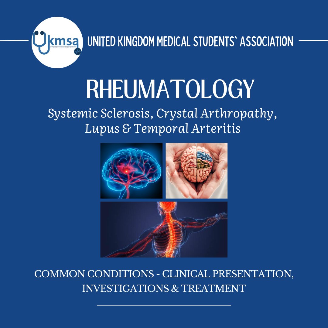 UKMSA22's tweet photo. (1/2) As part of this month's education resources, we have compiled an infographic based on relevant information from our rheumatology revision slides. 
 
Today, we're highlighting 4 rhuematological conditions: Systemic Sclerosis, Crystal Arthropathy, Lupus &amp; Temporal Arteritis. https://t.co/LK5e8reBmq