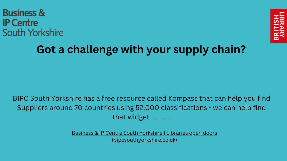 BIPCSouthYorkshire (@bipcsouthyorks) on Twitter photo Has your supply chain been ruined due to the #ukrainewar #brexit #covid Kompass can help your source new ones from 70 Countries. Book a 121 session in @SheffLibraries <a href="/RothLibraries/">Rotherham Libraries</a> <a href="/DoncasterLib/">Doncaster Libraries</a> <a href="/BarnsleyLibs/">Barnsley Libraries</a> ow.ly/holn50NJez7 Has your supply chain been ruined due to the #ukrainewar #brexit #covid Kompass can help your source new ones from 70 Countries. Book a 121 session in @SheffLibraries <a href="/RothLibraries/">Rotherham Libraries</a> <a href="/DoncasterLib/">Doncaster Libraries</a> <a href="/BarnsleyLibs/">Barnsley Libraries</a> ow.ly/holn50NJez7