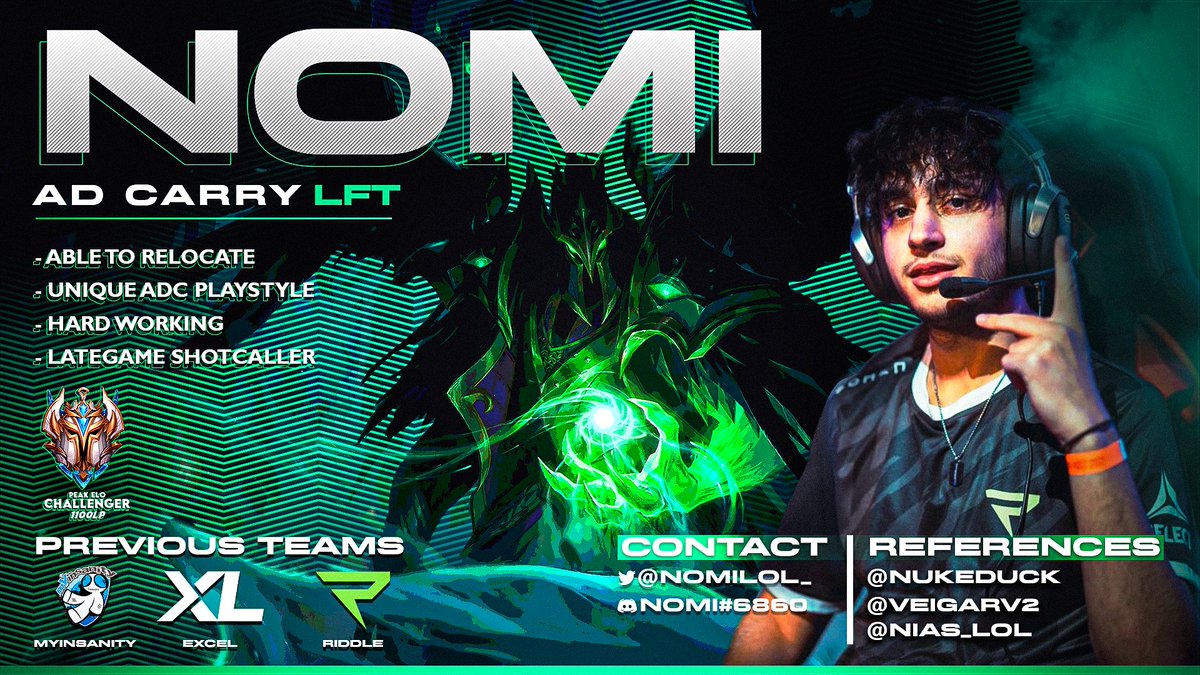 Its been 1,5 year since i quit competetive and now im looking for a new team to play for again.
Im still contracted with <a href="/RiddleEsports/">RIDDLE</a> until May
Feel free to reach out to me on my socials

Retweets and likes are appreciated♥️
lolpros.gg/player/nomi
