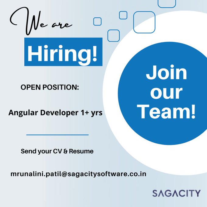 We are #hiring on permanent bases.  Interested Candidates can email their resumes. mrunalini.patil@sagacitysoftware.co.in  

#HiringNow #Hiring #hiring #jobs #recruitment #jobsearch #job #nowhiring #angular #angulardeveloper #developer
