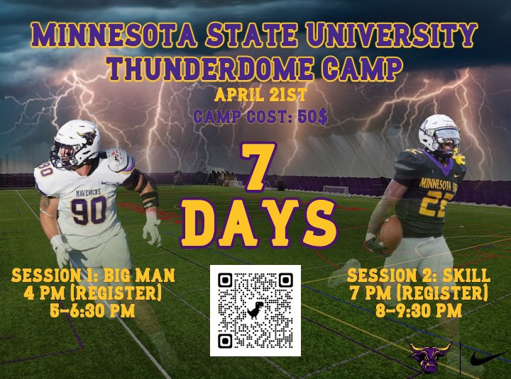 ONE WEEK until Minnesota State’s first football camp of the year. Camp is almost full. Sign up at msumavericks.com/sports/2022/10… 1-0! #MakeTheJourney