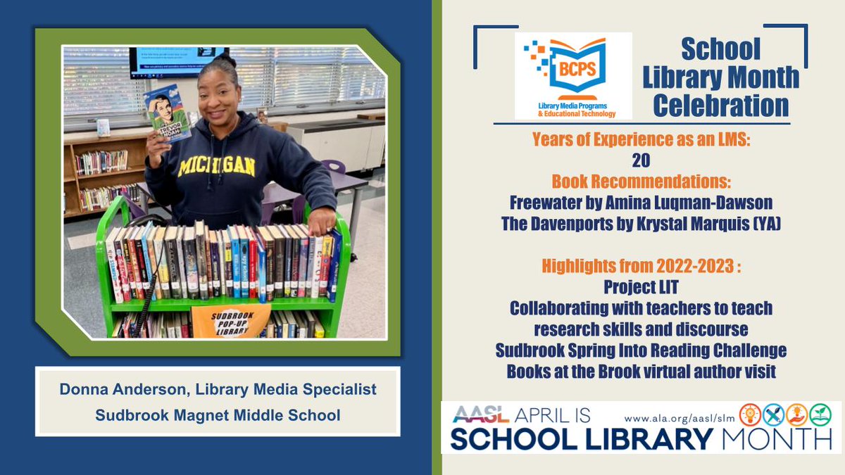 April is School Library Month #AASLslm. Today we celebrate Donna Anderson <a href="/SudbrookLibrary/">Sudbrook Library</a>, #bcpslms <a href="/sudbrookmagnet/">Sudbrook Magnet</a>. Thank you for all that you do for your students, staff, school, and community! <a href="/BaltCoPS/">Baltimore County Public Schools</a>