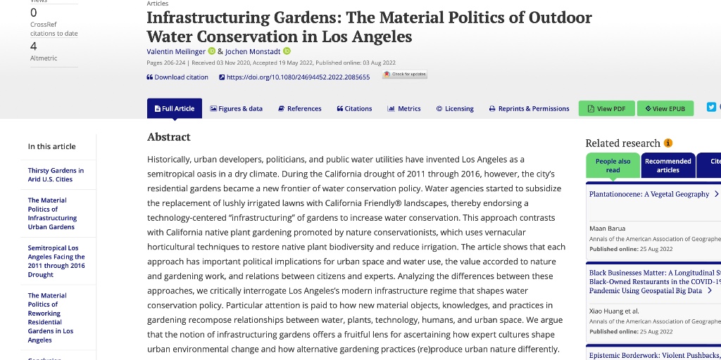 theAAG's tweet photo. Gardens in Los Angeles have become a new frontier of water conservation. @VMeilinger and Monstadt interrogate LA’s modern infrastructure regime that shapes water conservation policy https://t.co/4JI5IYeeP7 https://t.co/KJJFPVH02k