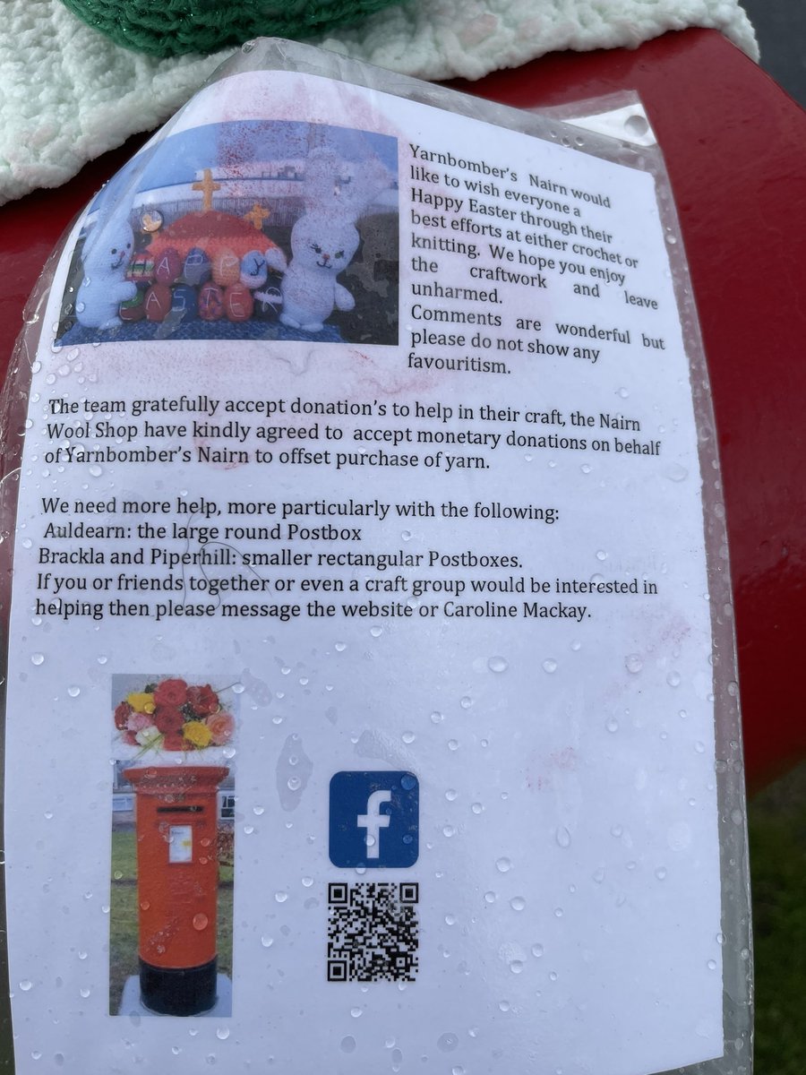 Congratulations to Nairn Yarnbombers’ for their wonderful handiwork🧶🪡These Yarn Bombing craftspeople have helped to cheer up the people in their local communities 🧶🐣🐰 - like this colourful this postbox 📮 at Piperhill near Cawdor Castle #Yarnbombers facebook.com/groups/4976354…