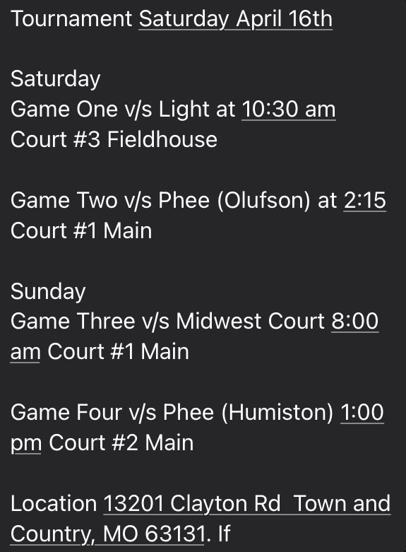 Maddy King (@maddyking_5) on Twitter photo Here’s my schedule for the first tournament this weekend in St. Louis, Missouri !! <a href="/RichmondHeat1/">RichmondHeat</a> Here’s my schedule for the first tournament this weekend in St. Louis, Missouri !! <a href="/RichmondHeat1/">RichmondHeat</a>