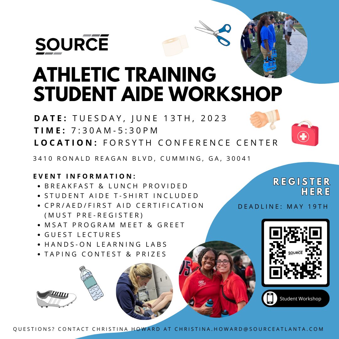 Join us for the 2023 Athletic Training Student Aide Workshop brought to you by Source! We have a great day planned with lots of programming to help you be your best student aide. This is open to any ATSA. See the flyer and link for more info: sourceatlanta.com/event-details/…