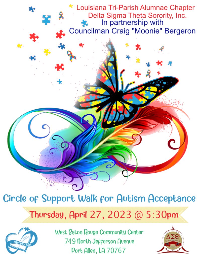 LTPDST's tweet image. Louisiana Tri-Parish Alumnae Chapter, in partnership with Councilman Craig “Moonie” Bergeron, invites you to join us on April 27th for the Circle of Support Walk for Autism Acceptance.