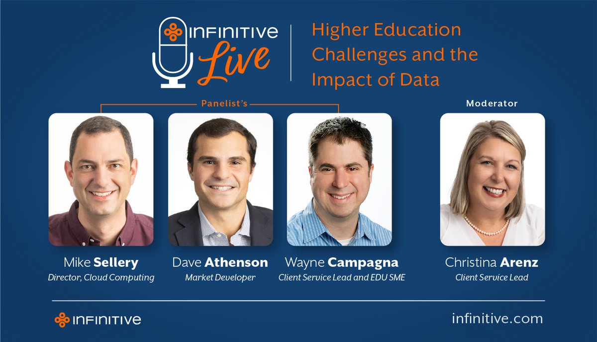 InfinitiveRocks's tweet photo. Introducing our experts….. Mike Sellery, David Athenson, Wayne Campagna, and Christina Arenz. Our #webinar on Higher Education Challenges and the Impact of Data is only FIVE days away! Time is ticking. Don’t forget to sign up before it’s too late. https://t.co/kv5Qr39A3Q https://t.co/isZYwNfWo8