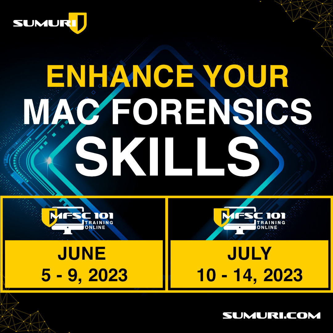 SUMURIForensics's tweet image. Look no further! SUMURI's Mac Forensics courses provide the latest techniques for analyzing macOS. 

MFSC-101 - 5 to 9 June 2023 &amp;gt;&amp;gt; sumuri.com/event/european…
MFSC-201 - 10 to 14 July 2023 &amp;gt;&amp;gt; sumuri.com/event/european…

Sign up Now!

#Training #MacTraining #learning #forensics