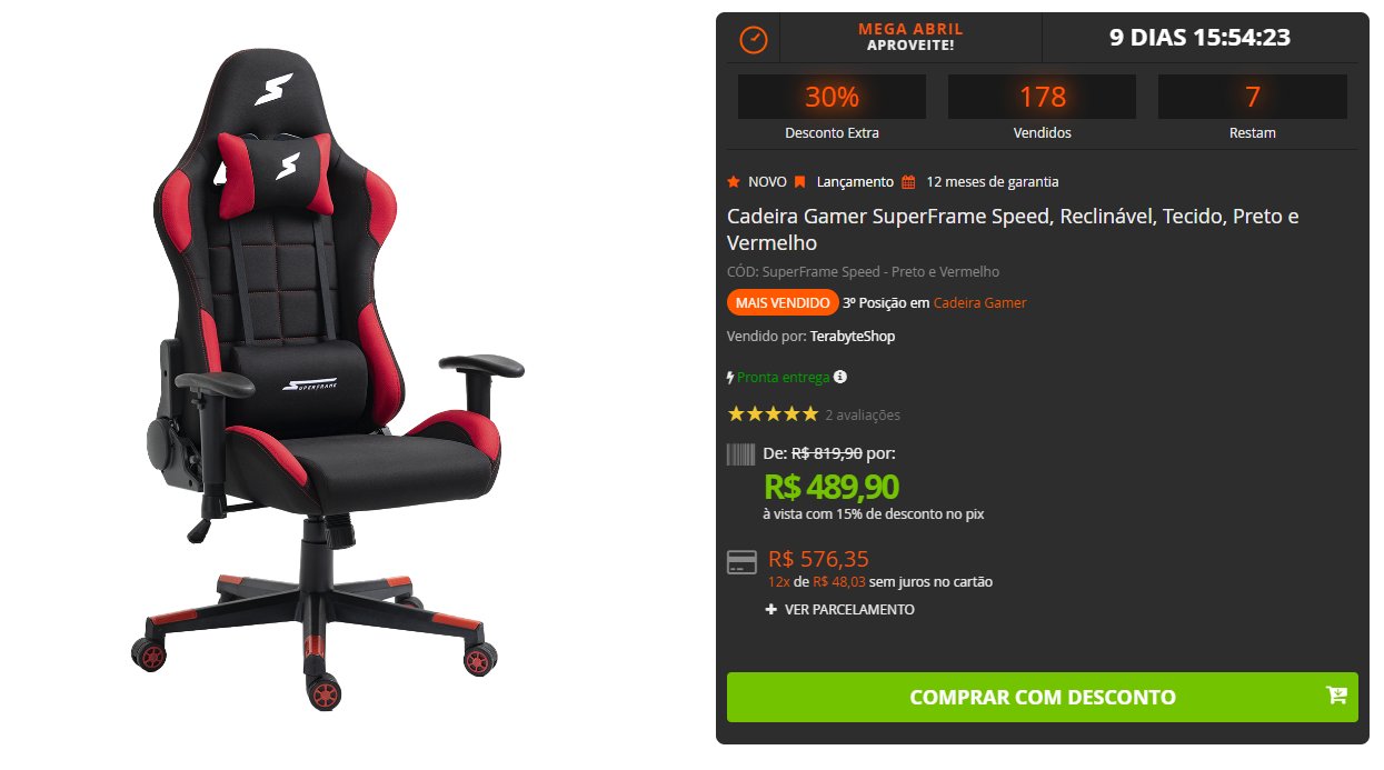 Terabyte] Cadeira Gamer Tecido Vermelho/Preto SuperFrame Speed (R$489)