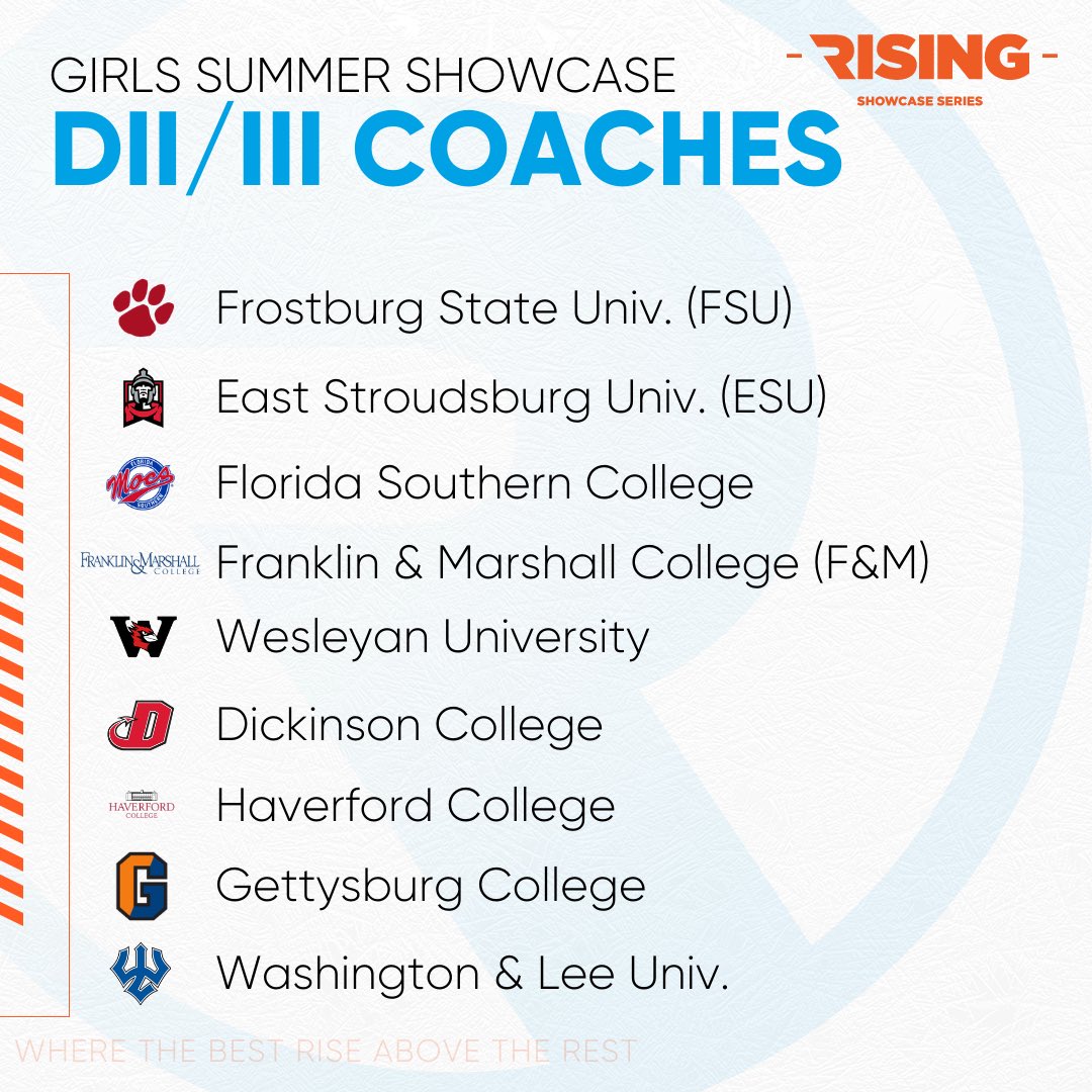 Peep the College Coach lineup for the Girls Rising Summer Showcase 👀 with more to come!

Heavy hitters from each NCAA division!💪🏼

#risinglacrosse #riseup