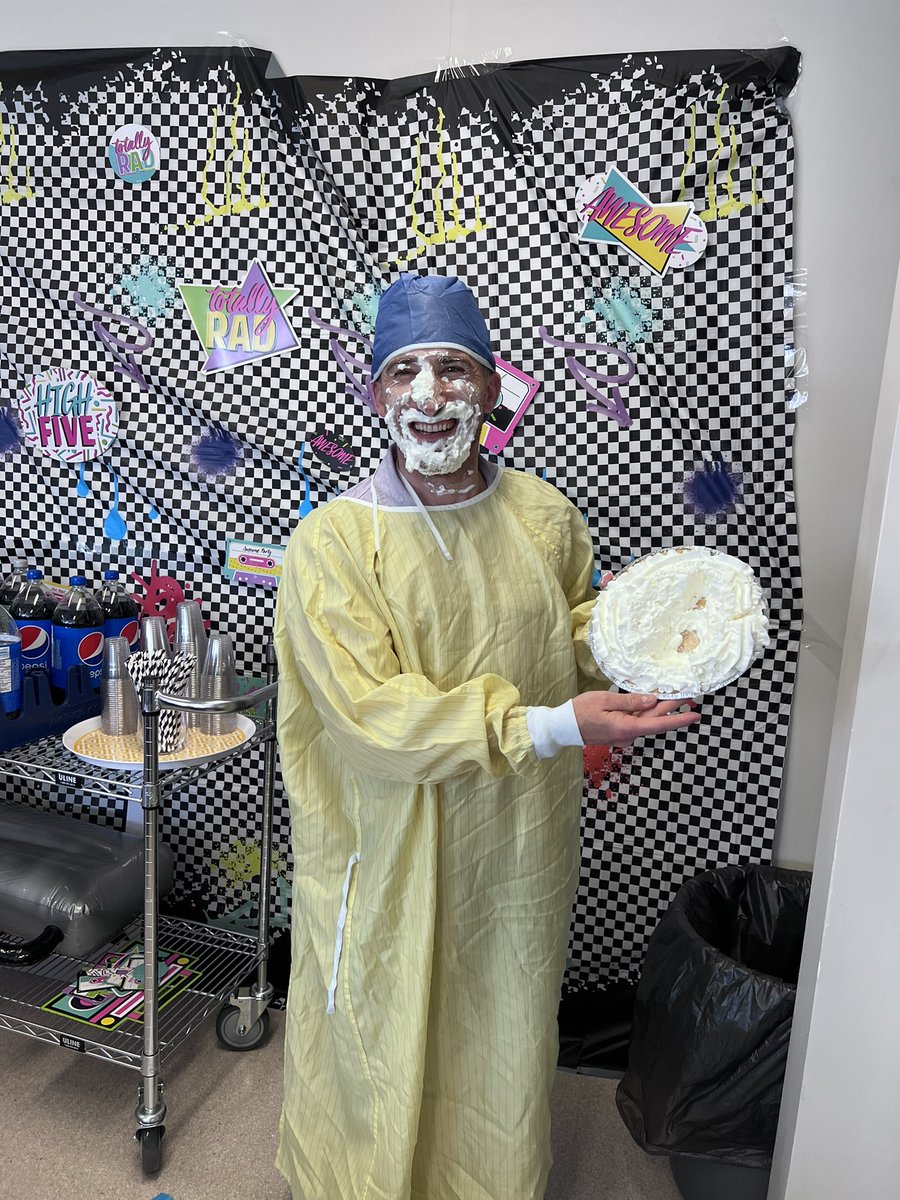 KCampbellMD's tweet image. We had a food drive for #labweek2023. In order to “vote” for someone to get pied in the face, you had to bring a foodbank donation. @RJCampbellMD was the clear winner! 😂😂🥧🥧