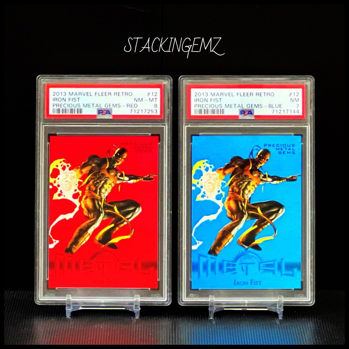 ✅ IRON FIST 2013 Marvel Fleer Retro Red /100 & Blue /50 PMG Precious Metal Gems. 🔰

❤️ RED /100 PSA 8 (POP 8) 7 Higher.
💙 BLUE /50 PSA 7 (POP 3) 6 Higher.

#stackingemz #marvelcards #marvel #marveluniverse #marvelcomics #marveltradingcards #marvelcollector #cardcollection