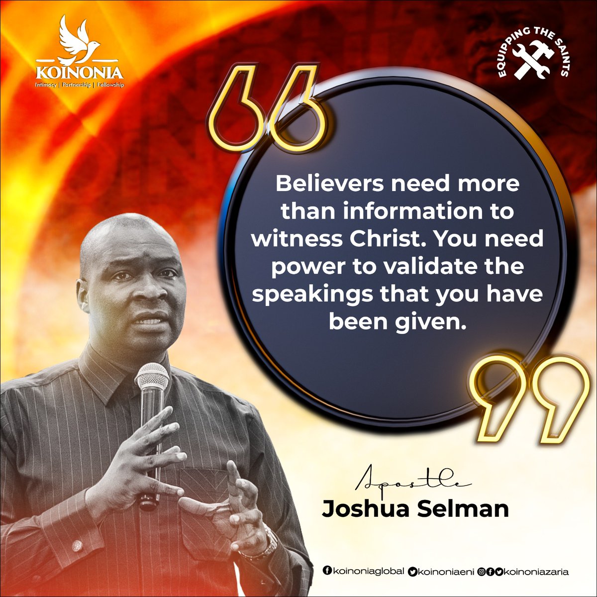 koinoniaeni's tweet photo. In order to testify about Christ, believers require more than just information. They require power to authenticate the message they have been entrusted with.
#ApostleJoshuaSelman
#EquippingTheSaints
#TwoNightsOfSupernaturalEncounters
#KoinoniaZaria
#KoinoniaGlobal https://t.co/P3gBXh9DvJ