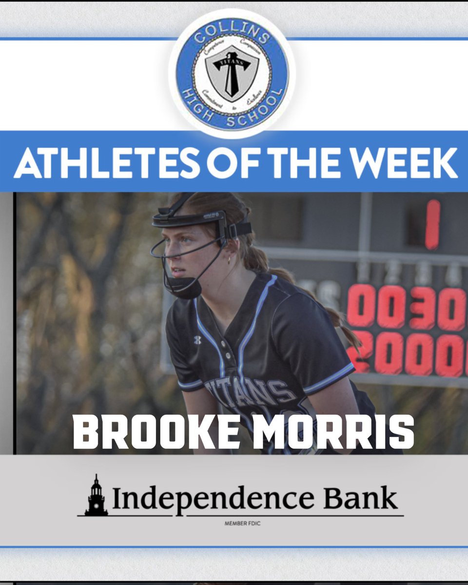 COLLINS HS wants to highlight the performance of Softball standout BROOKE MORRIS: hit .417 for the week, 1 home run, 4 RBI's, plus 2 pitching wins - striking out 13 with a 2.47 ERA. Congrats BROOKE! <a href="/scps_Activities/">SCPS_Activities</a> <a href="/1776Bank/">Independence Bank</a>