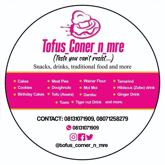 @tofus_corner_n_mre deals with food like little chops. spring rolls, cakes, and samosas 
As well as traditional meals  like tofu and the likes. Traditional beverages like
Kunun madara 
zobo 
Kunun aya & 
tamarind beverages.
.
#kaduna
#foodservice
#foodvendor