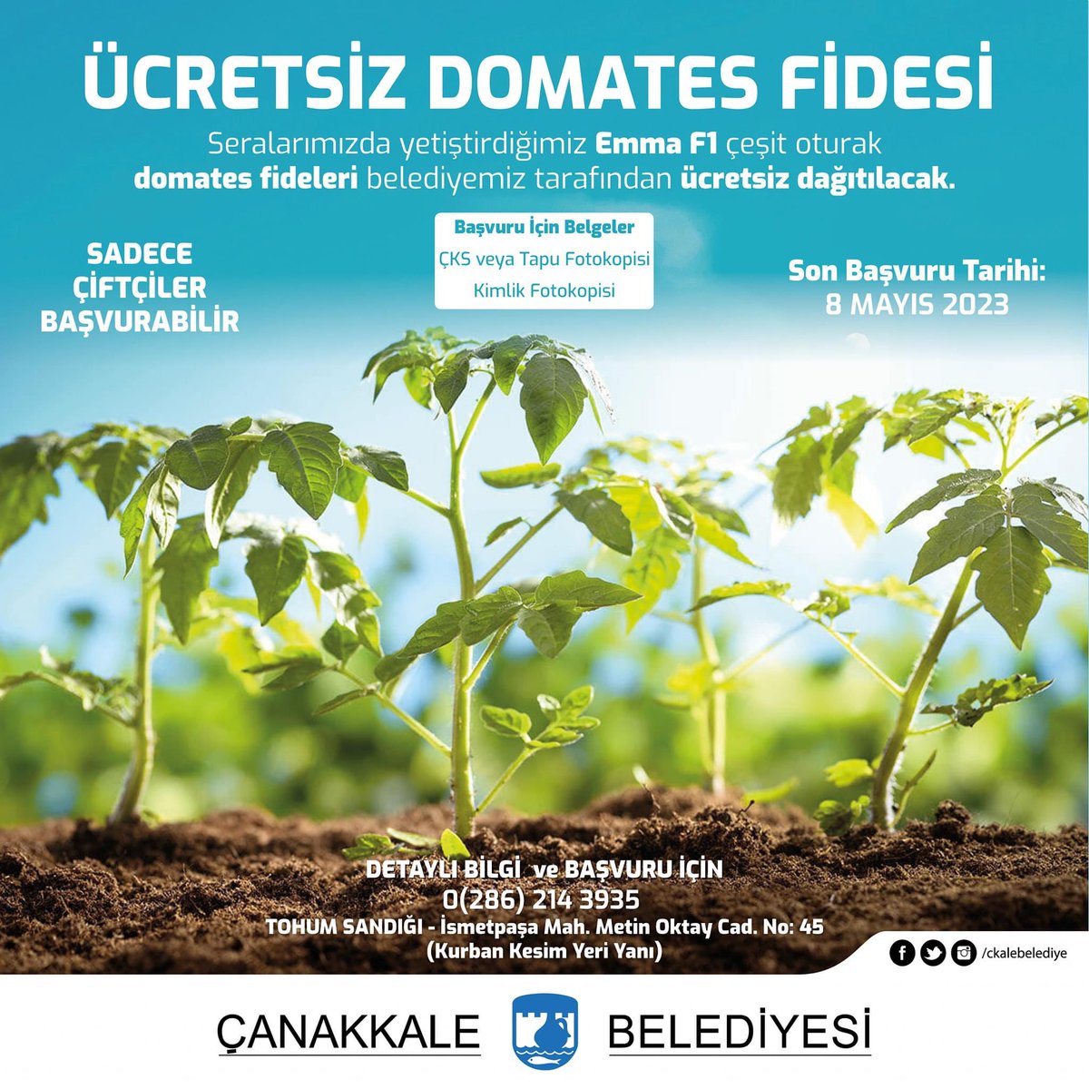 Tarımsal üretimin, üreticinin yanındayız. Artan girdi maliyetleri nedeniyle her geçen gün tarımsal üretimden uzaklaşan, arazilerini ekmekten vazgeçen çiftçilerimizi destekliyor, seralarımızda ürettiğimiz domates fidelerini  paylaşıyoruz. Başvurularınızı bekliyoruz...