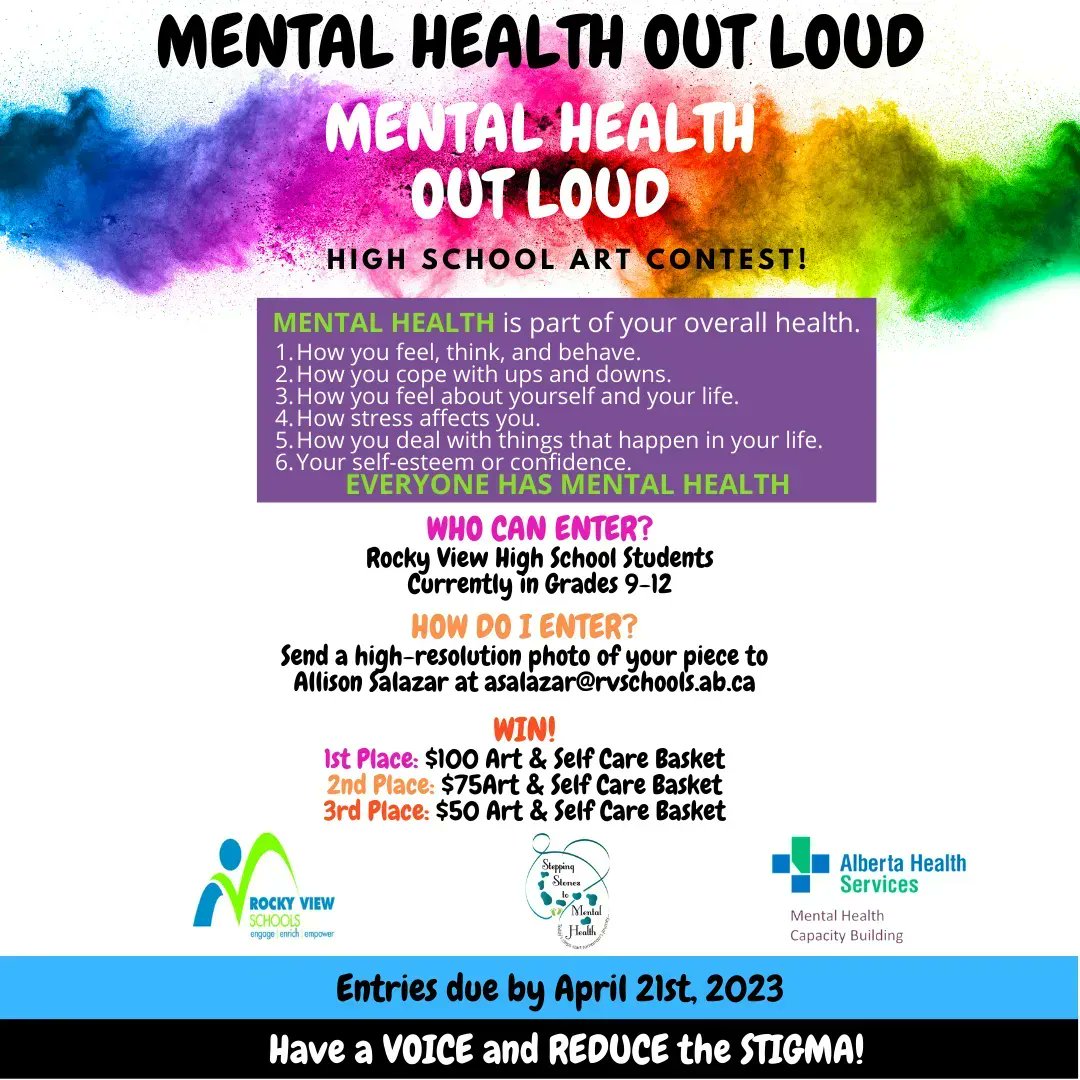 MHCB, Stepping Stones to Mental Health invites RVS students in gr 9-12 to create artwork for encouraging reduction of stigma around mental illness, taking steps towards maintaining positive mental health, &amp; supporting others #rvsed#MHCBAlberta#steppingstonestomentalhealth
