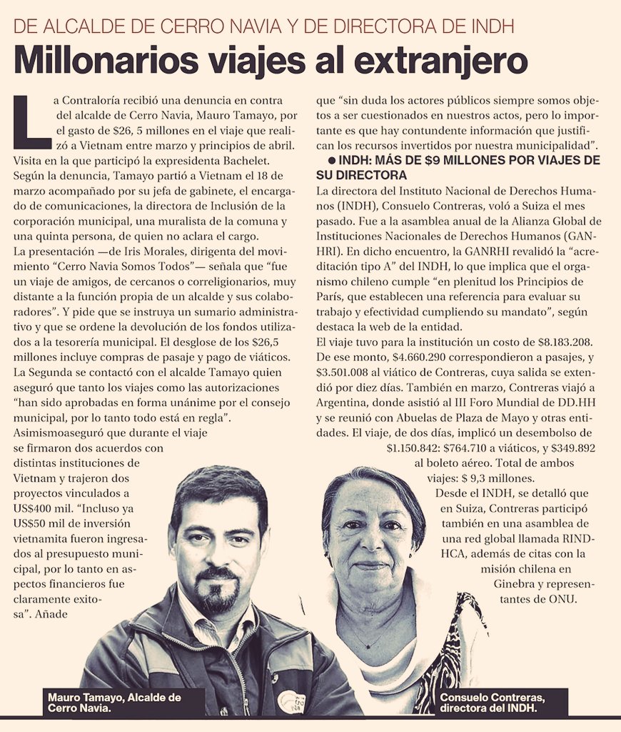 ayala_rodolfo's tweet photo. Más corrupción;
La directora de @inddhh fue a Suiza y se gastó $9,6 millones.
El Alcalde de Cerro Navia, exPC, se fue a Vietnam y gastó $26,5 millones. https://t.co/rBK9JeKpUL