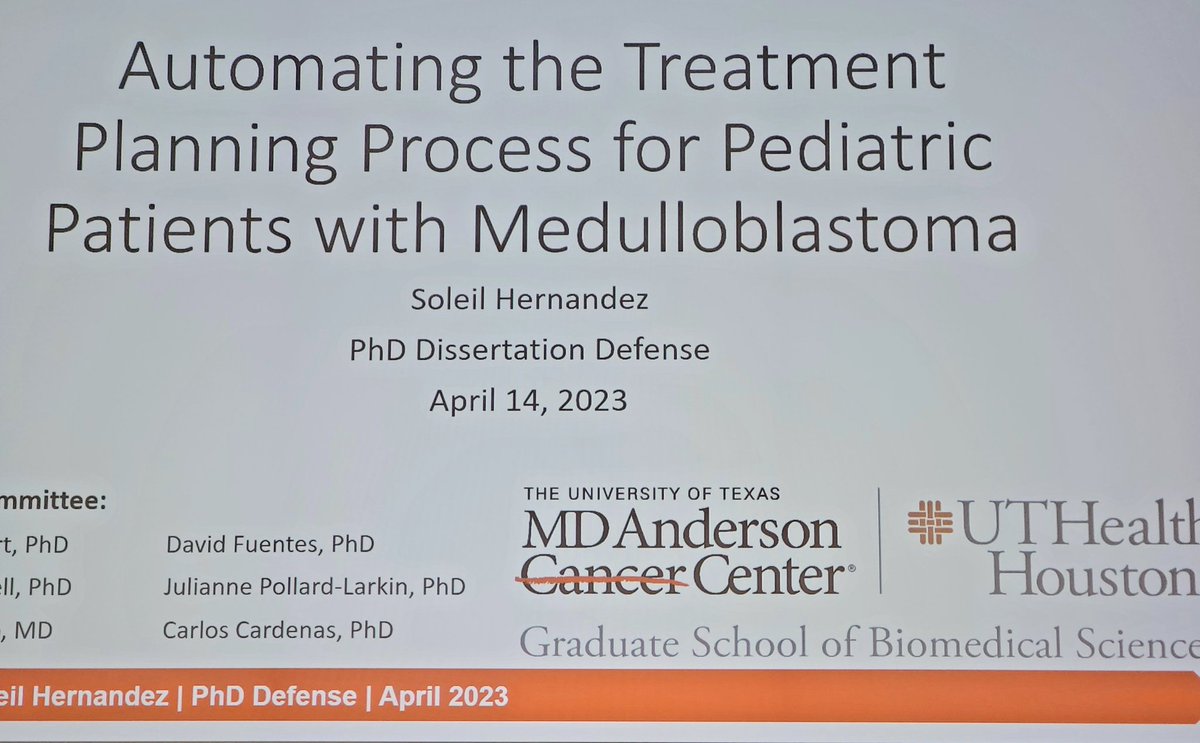 MedPhys Graduate Program MD Anderson UT Health (@medphys_mdauth) on Twitter photo 📢 Congratulations
Dr. <a href="/SoleilHernandez/">Soleil Hernandez</a>
✅️ Super 🌟 #medphys dissertation defense
She blew us away with her research, which will transform pediatric #radonc in LMIC
<a href="/LaurenceECourt/">Laurence Court, Ph.D.</a>
<a href="/JulieLarkin305/">Julianne Pollard-Larkin, PhD</a>
<a href="/CarlosMedPhys/">Carlos Cardenas (@🏥)</a>
<a href="/rcmedphys/">Richard Castillo, PhD</a> 📢 Congratulations
Dr. <a href="/SoleilHernandez/">Soleil Hernandez</a>
✅️ Super 🌟 #medphys dissertation defense
She blew us away with her research, which will transform pediatric #radonc in LMIC
<a href="/LaurenceECourt/">Laurence Court, Ph.D.</a>
<a href="/JulieLarkin305/">Julianne Pollard-Larkin, PhD</a>
<a href="/CarlosMedPhys/">Carlos Cardenas (@🏥)</a>
<a href="/rcmedphys/">Richard Castillo, PhD</a>