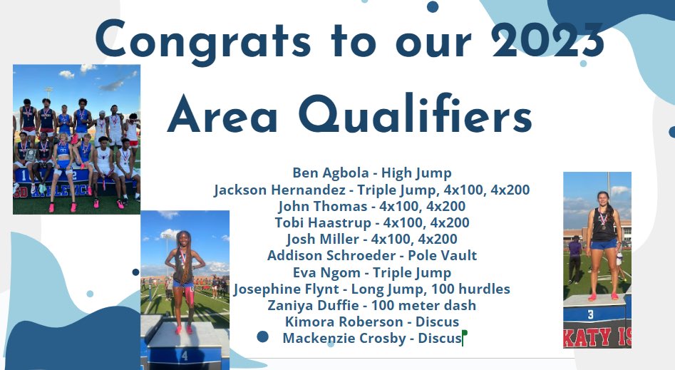 WhiteELAStar's tweet photo. Congrats to our Area Qualifiers! We have a total of 11 Area Qualifiers from the boys and girls teams.
The Area meet is next Thursday 4/20 (running finals) and Friday 4/21 (field events and 3200). @ktaylortrack @taylorhstrack  @taylor_mustangs https://t.co/Ao6WgS1vpd