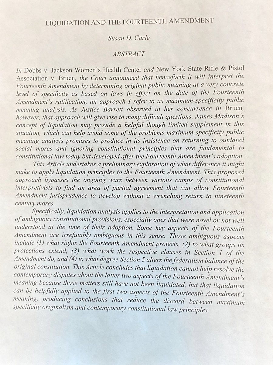 scarle1's tweet photo. Excited to share my forthcoming article in @FloridaLawRev: "Liquidation and the 14th Amendment," which proposes a way around maximum-specificity originalism to bolster contemporary Equal Protection Clause principles: https://t.co/E1OOW7T1kl #postDobbs #constitutionalaw #SCOTUS https://t.co/MBPTbqvCKW