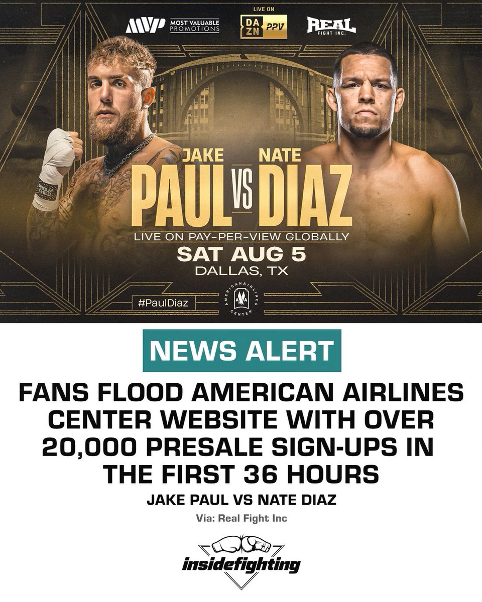 InsideFighting_'s tweet photo. The Jake Paul vs Nate Diaz fight is in high demand, as American Airlines Center’s website was flooded with over 20,000 pre-sale ticket sign ups in the first 36 hours. 👀🥊 @RealFightINC @MostVpromotions @NateDiaz209 @jakepaul https://t.co/9sIEdZACFM