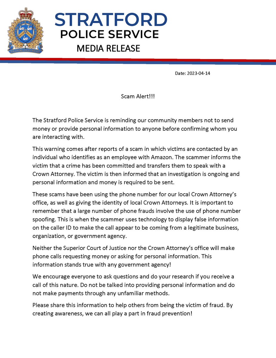 Stratford Police Service (@spsmediaoffice) on Twitter photo #SPS media release - April 14/23
***Scam Alert***
Please read and share to help prevent others from being taken advantage of!
<a href="/cityofstratford/">cityofstratford</a> <a href="/townofstmarys/">St. Marys, Ontario</a> <a href="/PerthSouthTwp/">PerthSouthTwp</a> <a href="/canantifraud/">Canadian Anti-Fraud Centre</a> #SPS media release - April 14/23
***Scam Alert***
Please read and share to help prevent others from being taken advantage of!
<a href="/cityofstratford/">cityofstratford</a> <a href="/townofstmarys/">St. Marys, Ontario</a> <a href="/PerthSouthTwp/">PerthSouthTwp</a> <a href="/canantifraud/">Canadian Anti-Fraud Centre</a>