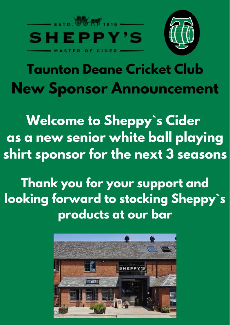 tauntondeanecc's tweet photo. Welcome to @SheppysCider as a new senior white ball playing shirt sponsor for the next 3 seasons.
We look forward to stocking Sheppy`s products at our bar.
#WeAreTauntonDeane
#SheppysCider https://t.co/Ia4uW8BkNF