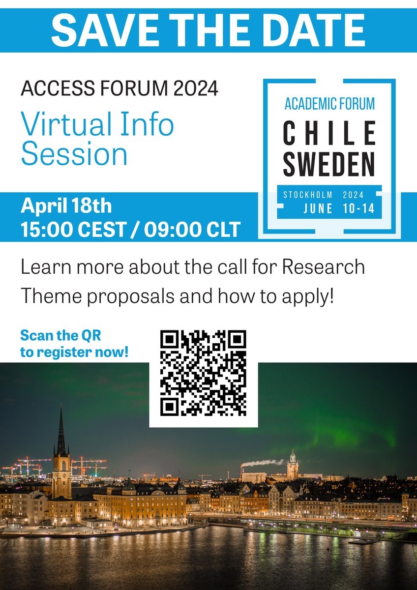 InvestigacionUC's tweet photo. 🇨🇱🇸🇪 #SaveTheDate 👉 este 18 de abril, a las 9 hrs., súmate a la primera charla informativa del "Foro ACCESS" (Chile-Suecia), que se realizará entre el 10 y el 14 de junio de 2024, en Estocolmo. @InvestigacionUC es uno de los organizadores de este importante encuentro académico. https://t.co/dxzAzlYfcd