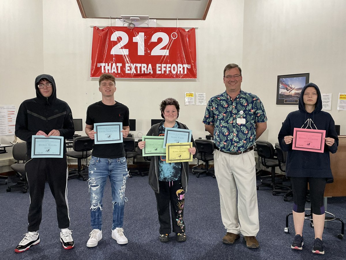 WarrickEd's tweet photo. Congratulations to Michael Baughn, Logan Vanpatten, Ilana Eckert, Brenna Vanscyoc, and Lilly Ravellette on getting credit certificates today. Keep making those good choices and knocking out those credits!   #TakeCHARGE #wcscproud https://t.co/BbEnxrLG5l